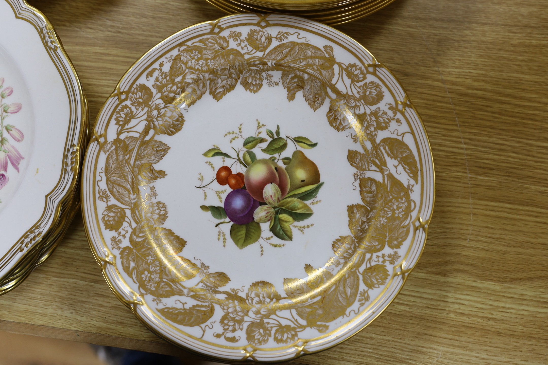 Six Spode fruit dishes, six floral Spode dishes, six Royal Crown Derby 